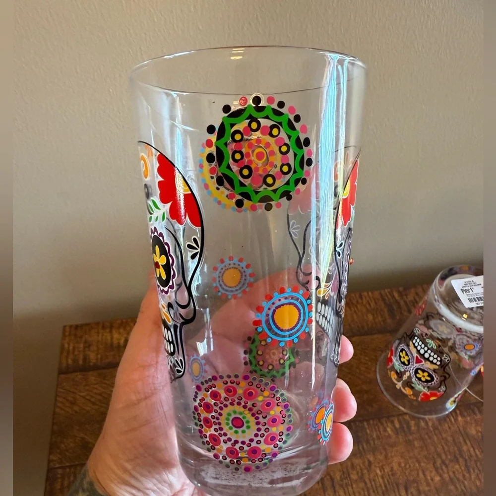 RARE NWT Pier One Sugar Skull Dias de Los Muertos/ Day of the Dead Glasses
